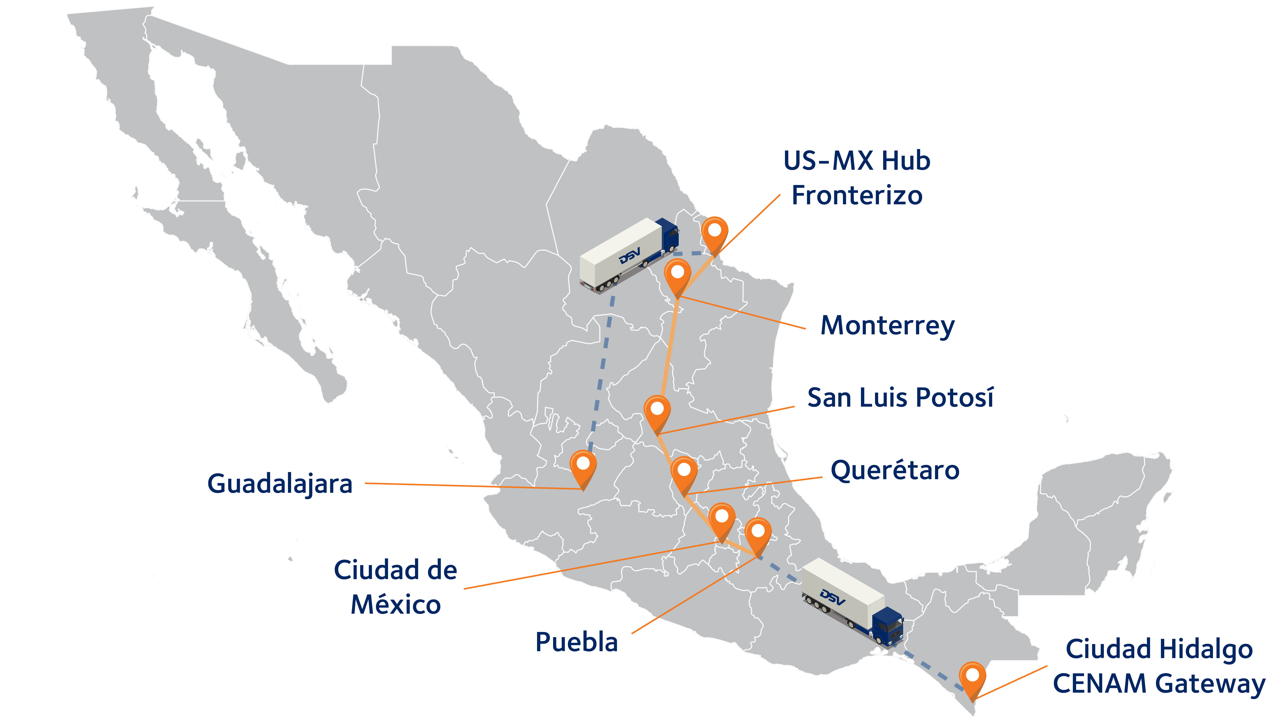 Mapa de puntos de conexión de DSV LTL Network para transporte consolidado terrestre entre México, Estados Unidos y Canadá.